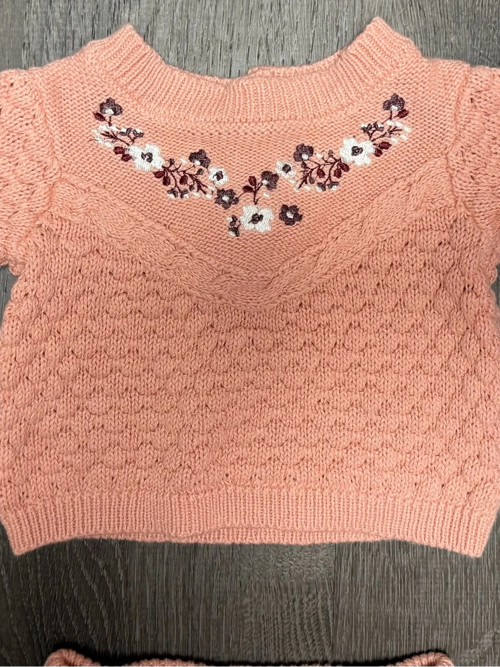 Nicole Miller Peach Knit Two-Piece Pajama Set with Floral Embroidery